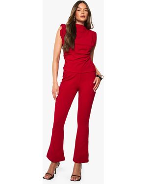 Boohoo Scuba Crepe Shoulder Pad Top And Flare Set - Red