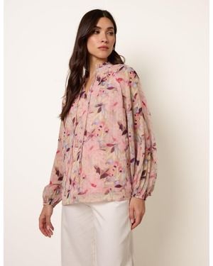Blue Vanilla Watercolour Floral Printed Tie Front Blouse - Pink