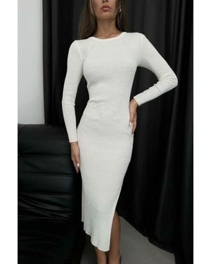 Hiccup Round Neck Slit Long Sleeve Maxi Dress - Black
