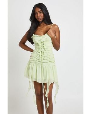 Boohoo Textured Chiffon Lace Up Front Mini Dress - Yellow