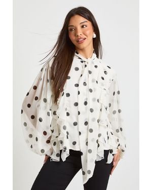 Boohoo Polka Dot Chiffon Balloon Sleeve Blouse - White