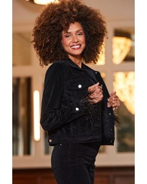 Sosandar Velvet Denim Jacket With Feather Trim - Black