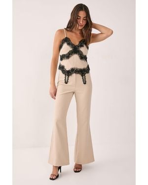 Nasty Gal Pinstripe Lace Trim Tailored Flared Trousers - Natural