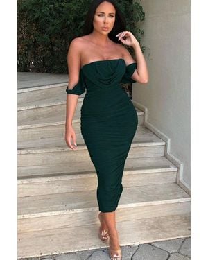 Femme Luxe Bardot Cowl Neck Ruched Midi Dress - Green