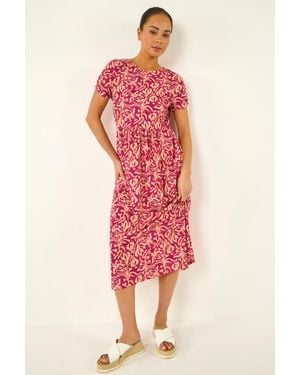 Roman Petite Abstract Print Gathered Midi Dress - Pink