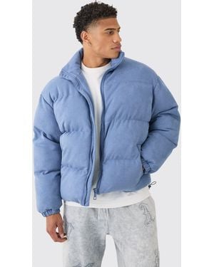 BoohooMAN Faux Suede Funnel Neck Puffer Coat In Blue
