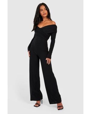 Boohoo Petite Premium Slinky Twist Front Bardot Jumpsuit - Blue