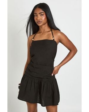 Boohoo Linen Beaded Drop Waist Mini Dress - Black