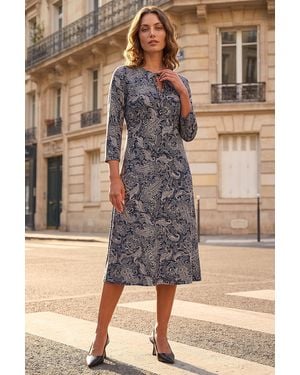 Roman Petite Paisley Tie Neck Dress - Grey