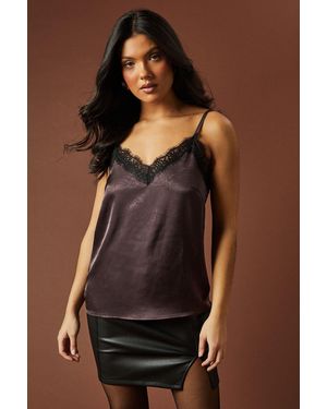 Oasis Crinkle Satin Lace Trim Cami - Brown