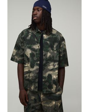 BoohooMAN Oversized Half Sleeve Washed Camo Co-Ord Shirt - Black