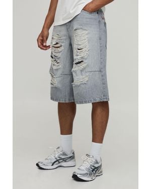 BoohooMAN Embroidered Ripped Longline Jorts - Grey