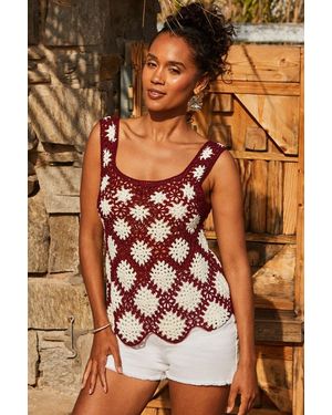 Sosandar Cream Floral Crochet Knit Vest Top - Brown