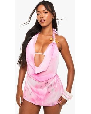 Boohoo Tie Die Beaded Trim Mini Beach Dress - Pink