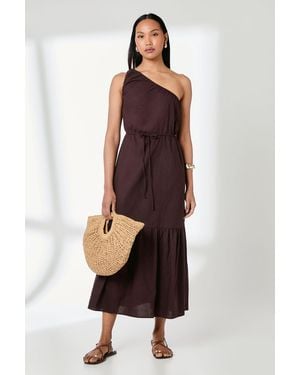PRINCIPLES One Shoulder Tiered Linen Mix Midaxi Dress - Brown