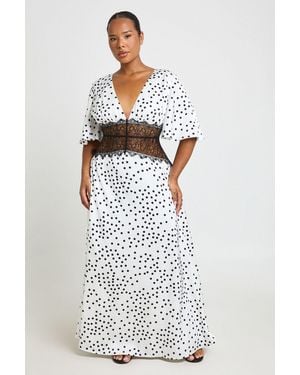 Boohoo Plus Polka Dot Satin Lace Panel Angel Sleeve Maxi Dress - White