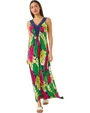 Roman Leaf Print Contrast Band Maxi Dress - White