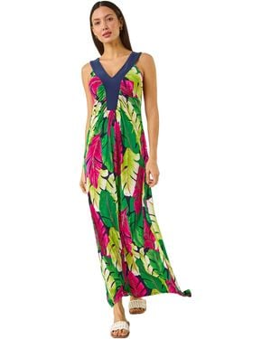 Roman Leaf Print Contrast Band Maxi Dress - White