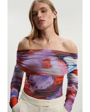 Karen Millen Floral Printed Mesh Off The Shoulder Bodysuit - Red