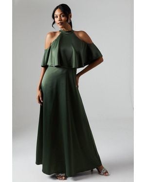 Debut London By Coast Halterneck Cold Shoulder Satin Bridesmaids Maxi Dress - Green