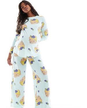 ASOS Design Pancakes Long Sleeve Top & Trouser Pyjama Set - Blue