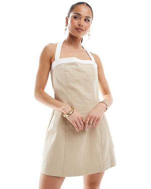 4th & Reckless Linen Look Contrast Edge Halterneck Mini Dress - Natural
