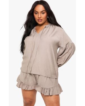 Boohoo Plus Linen Look Frill Hem Short - Grey