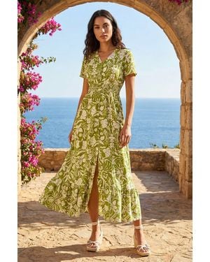 Roman Floral Print Button Detail Maxi Dress - Green