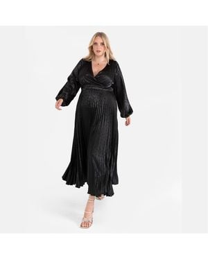 Lovedrobe V-Neck Long Sleeve Midi Wrap Dress - Black