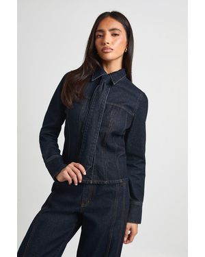 Boohoo Cinched Long Sleeve Denim Shirt With Tie - Blue