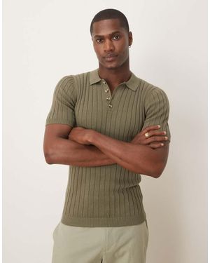 ASOS Muscle Fit Knitted Rib Polo T-Shirt - Green