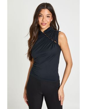 Boohoo Ruched Sleeveless Asym Button Up Top - Blue