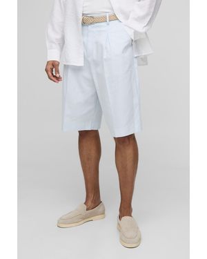 BoohooMAN Relaxed Fit Linen Blend Pleat Front Fixed Waistband Tailored Shorts - White