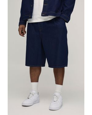 BoohooMAN Plus Pleat Front Parachute Longline Denim Jorts - Blue