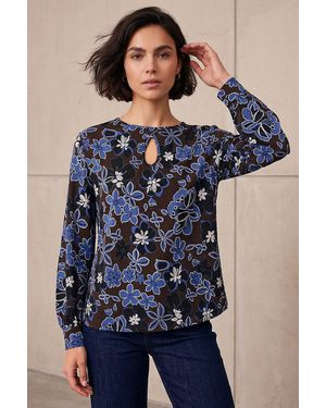 Roman Floral Puff Print Keyhole Top - Blue