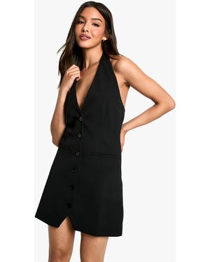 Boohoo Woven Halterneck Button Up Mini Dress - Black