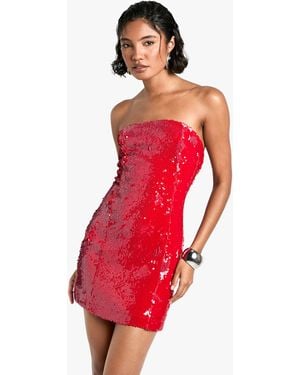 Boohoo Tall Sequin Bandeau Mini Dress - Red