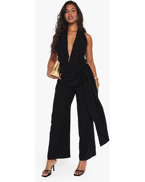 Boohoo Linen Look Drape Cowl Wrap Jumpsuit - Black