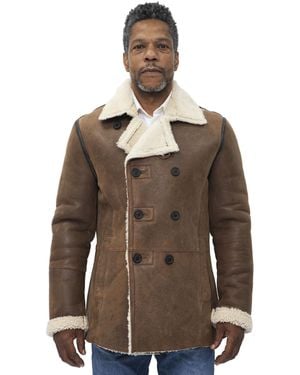 Infinity Leather Double Breasted Shearling Sheepskin Pea Coat-Valencia - Brown