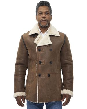 Infinity Leather Double Breasted Shearling Sheepskin Pea Coat-Valencia - Brown