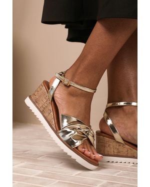 Where's That From Wheres 'Qween' Wide Fit Knot Detail Wedge Shoes With Buckle Ankle Strap - Brown