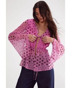 Nasty Gal Polka Dot Ruffle Tie Front Fluted Sleeve Blouse - Pink