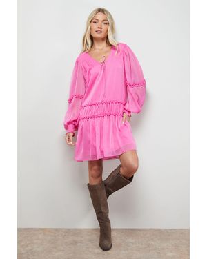 Oasis Plain Chiffon Shirred Front Tie Neck Mini Dress - Pink