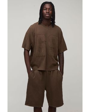 BoohooMAN Oversized Boxy Applique Washed T-Shirt And Short Set - Brown