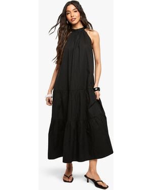 Boohoo Cotton Poplin High Neck Tiered Smock Dress - Black
