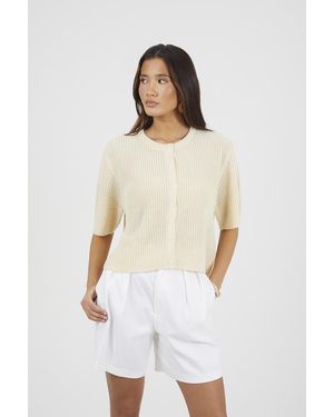 Brave Soul Short Sleeve Crew Neck Fisherman Knit Cardigan - White