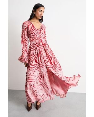 Warehouse Burnout Velvet Plunge Neck Flared Sleeve Belted Maxi Dress - Pink