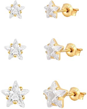 The Jewellery Stockroom Plated Set Of Three Pairs Of Cz Star Stud Earrings - White