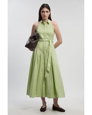 Karen Millen Cotton Collared Halter Neck Woven Midi Shirt Dress With Dropped Waist Detail - Green