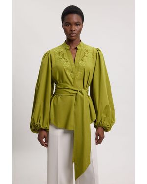 Karen Millen Poplin Embroidered Detail Belted Blouse - Green